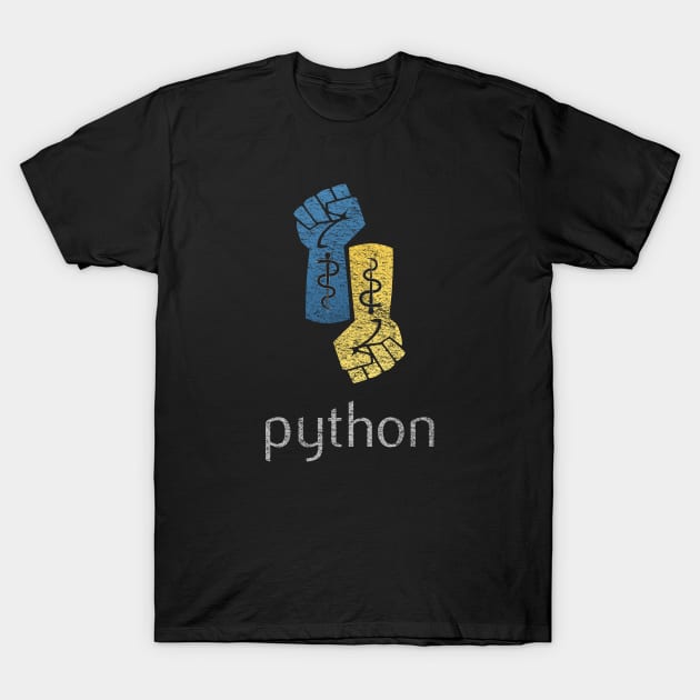 Python Programming Fists: Worn Look T-Shirt by CWdesign